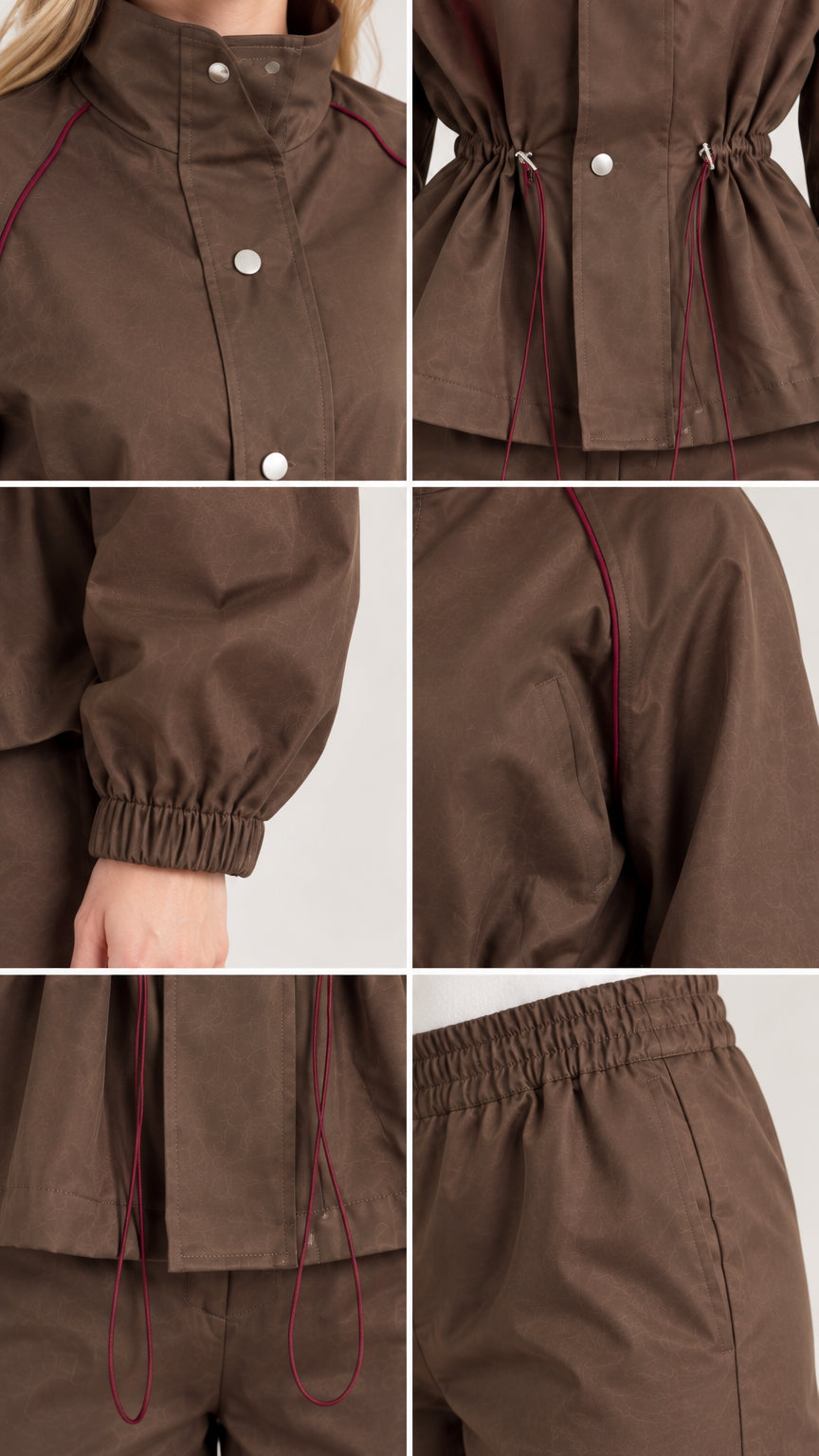Close-up details of snap buttons, drawstring waist cords, and elastic cuffs on brown jacket