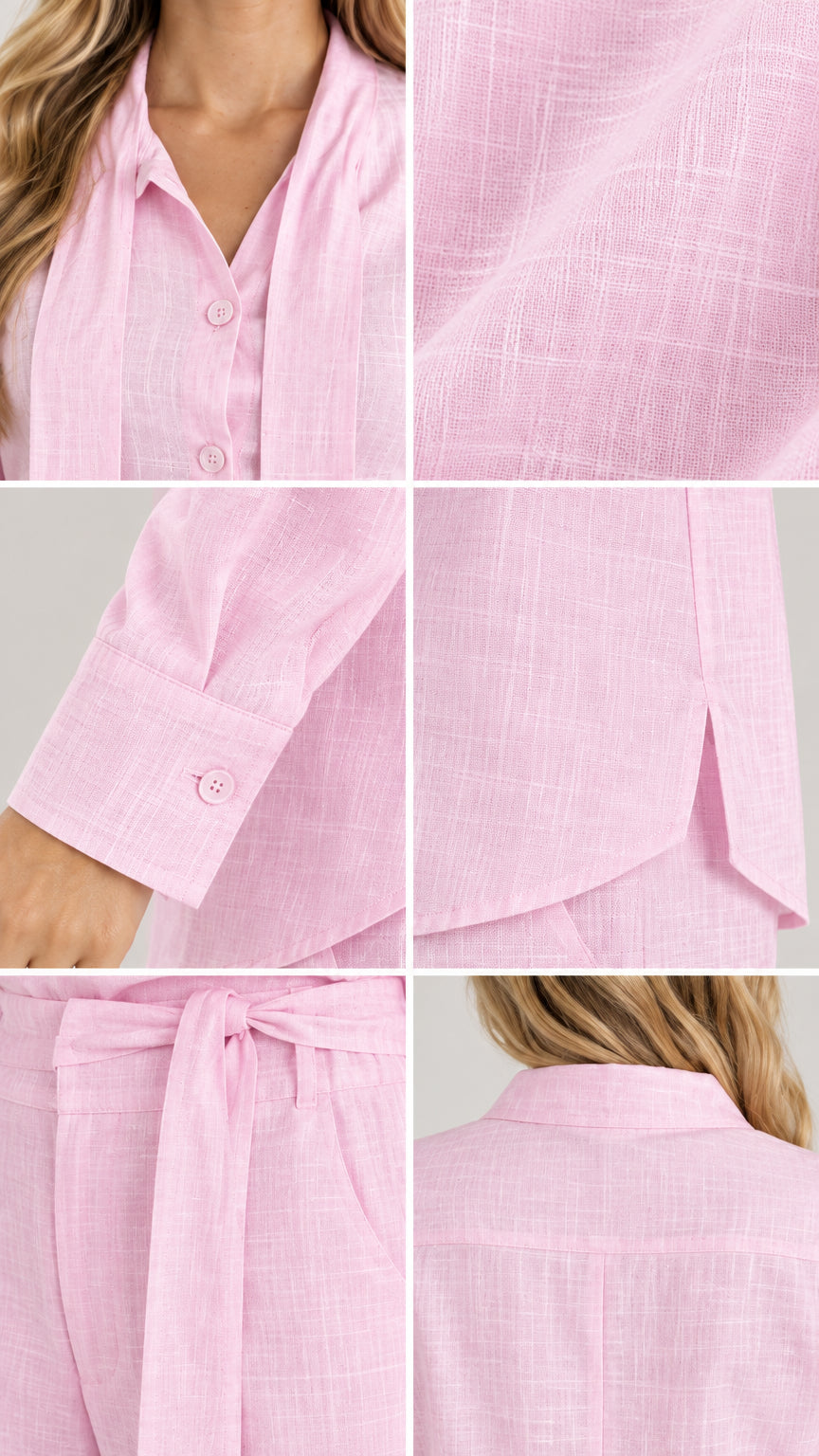 Close-up details of collar tie, button cuffs, fabric texture, and waist tie in pink