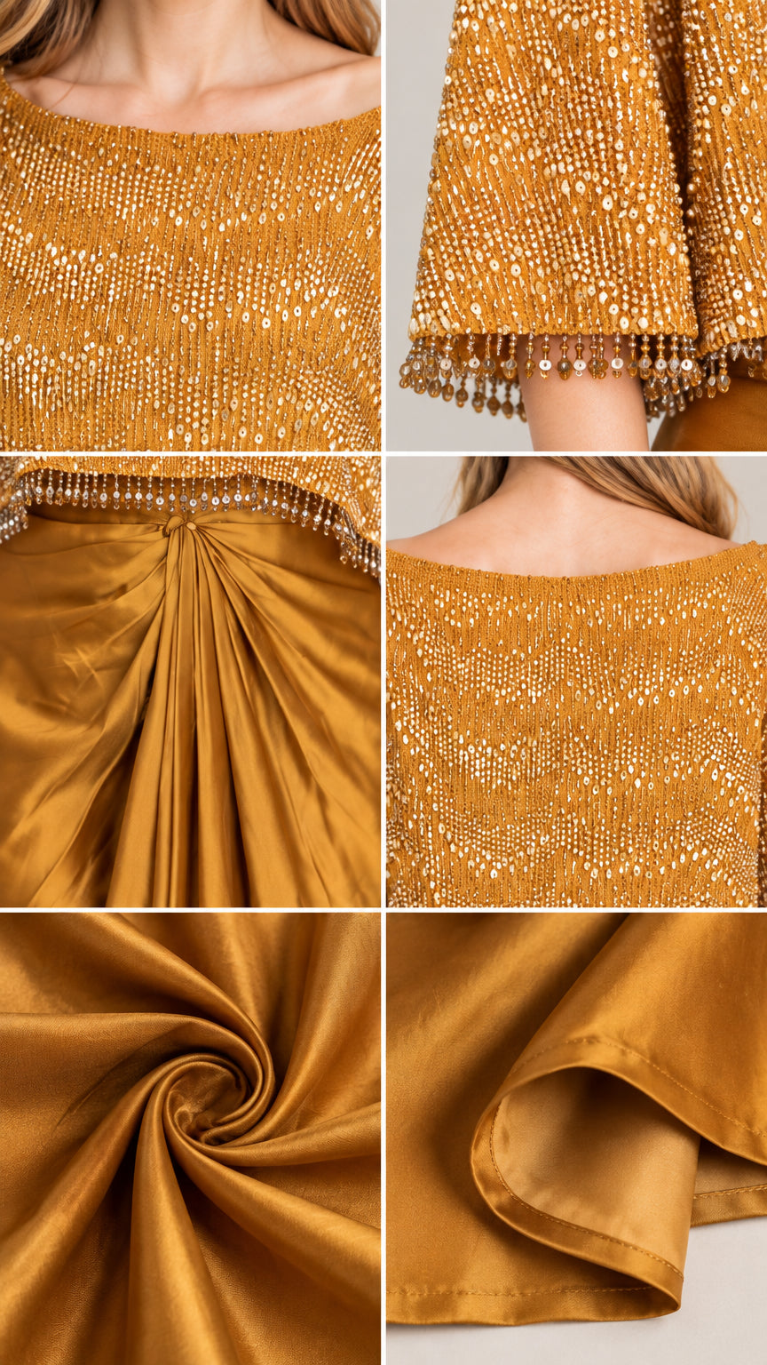 Close-up details of the beaded mesh texture, fringed hem, and draped satin fabric