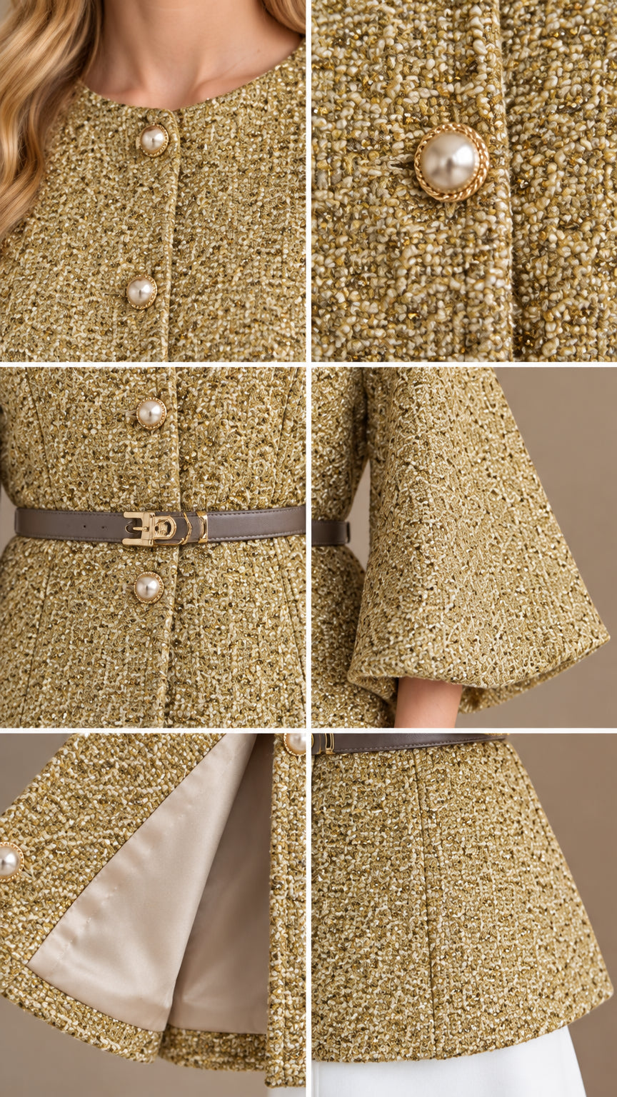 Close-up details of pearl buttons, belt buckle, lantern sleeve, and smooth jacket lining