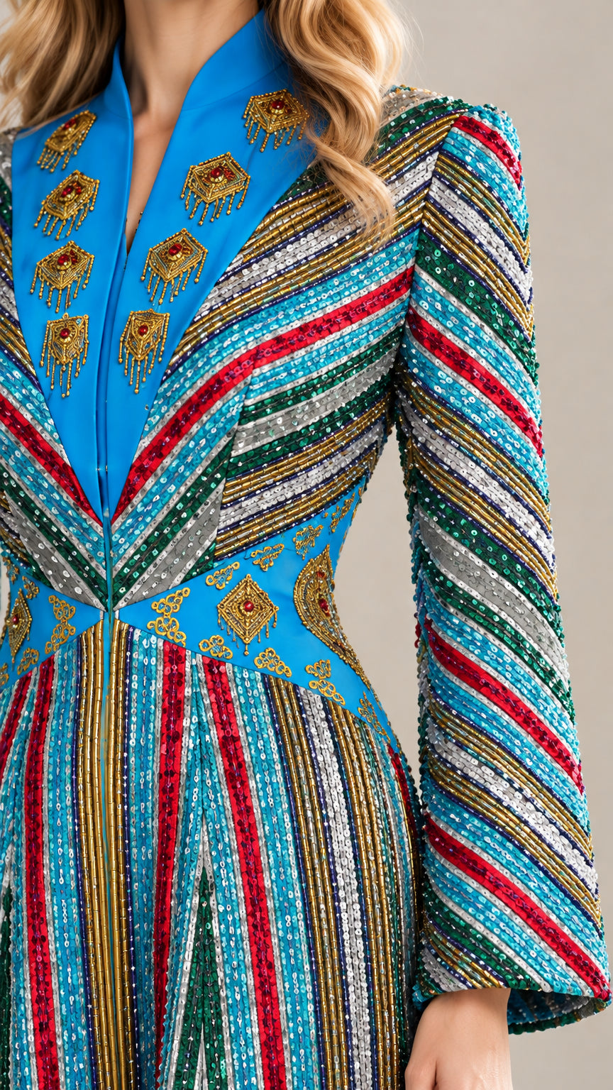 Close-up detail of brooch-embellished collar and bodice in Turquoise Blue