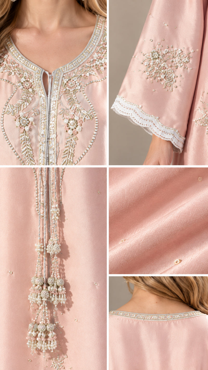 Close-up details of intricate silver embroidery, beaded tassels, and lace sleeve cuffs