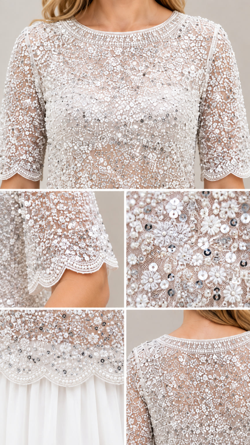 Close-up details of sequin embroidery, beaded trim, and scalloped edges