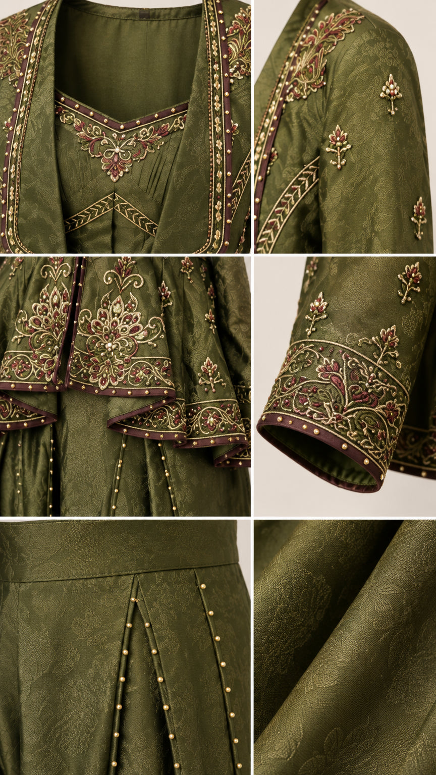 Close-up details of embroidery, fabric texture, peplum border, and trouser pleat studs