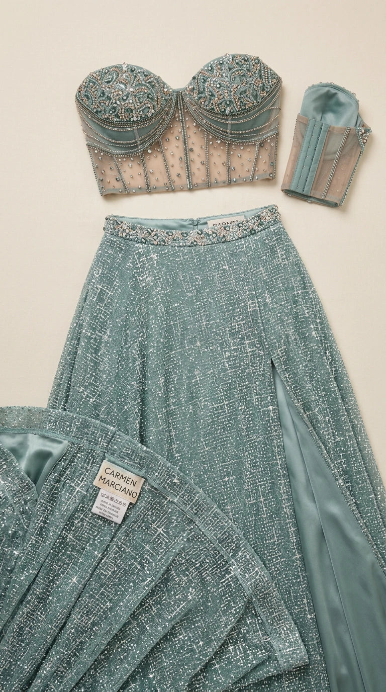 Flat lay detail of beaded sheer bustier top and glitter waistband skirt in dusty blue