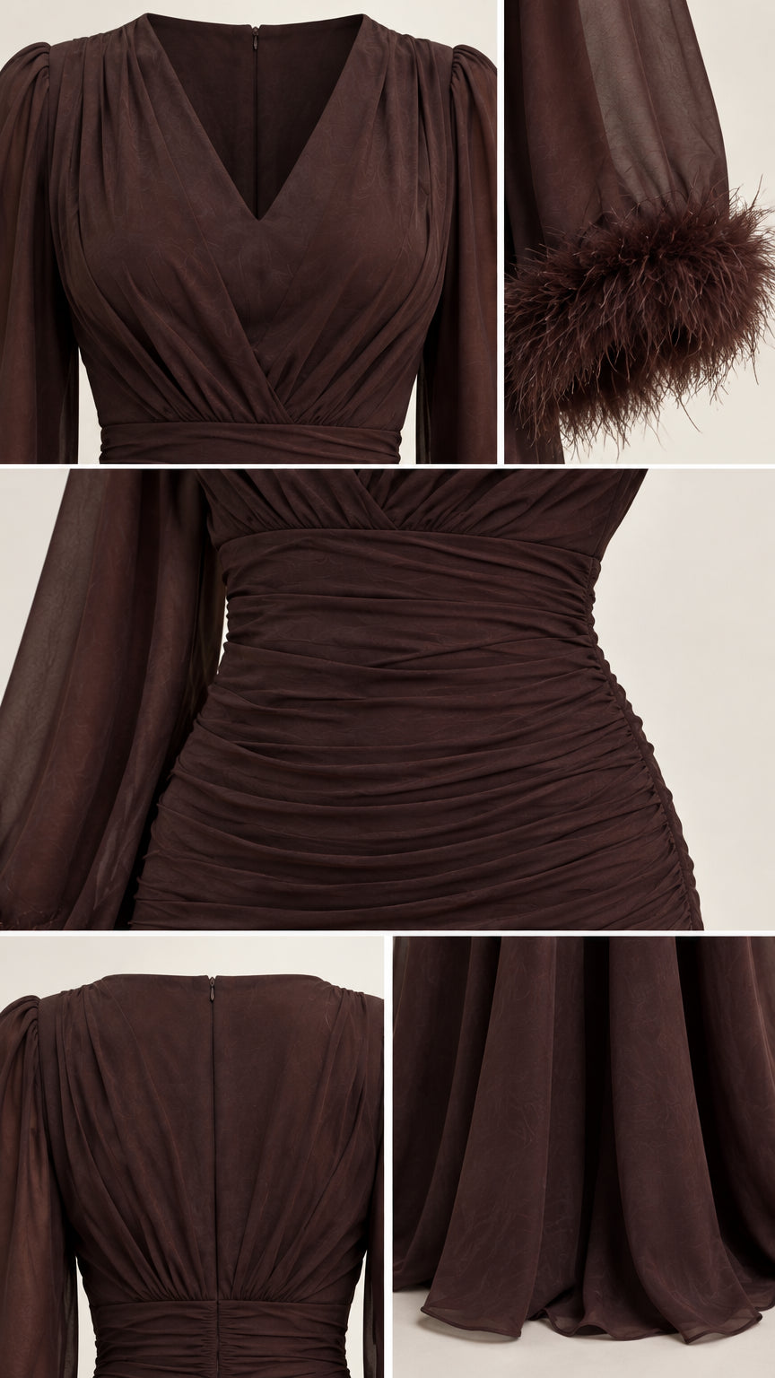 Close-up details of neckline pleating, ruched bodice, feather-trimmed cuff, and back zip