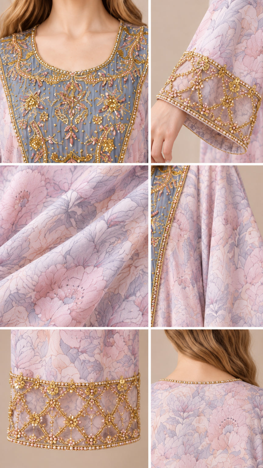 Close-up details of gold beaded neckline and sleeve embroidery