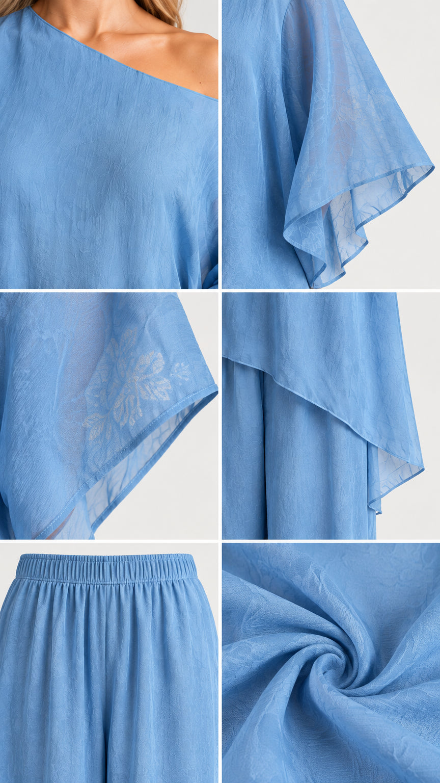 Fabric and construction details of the one-shoulder top and elastic waist pants