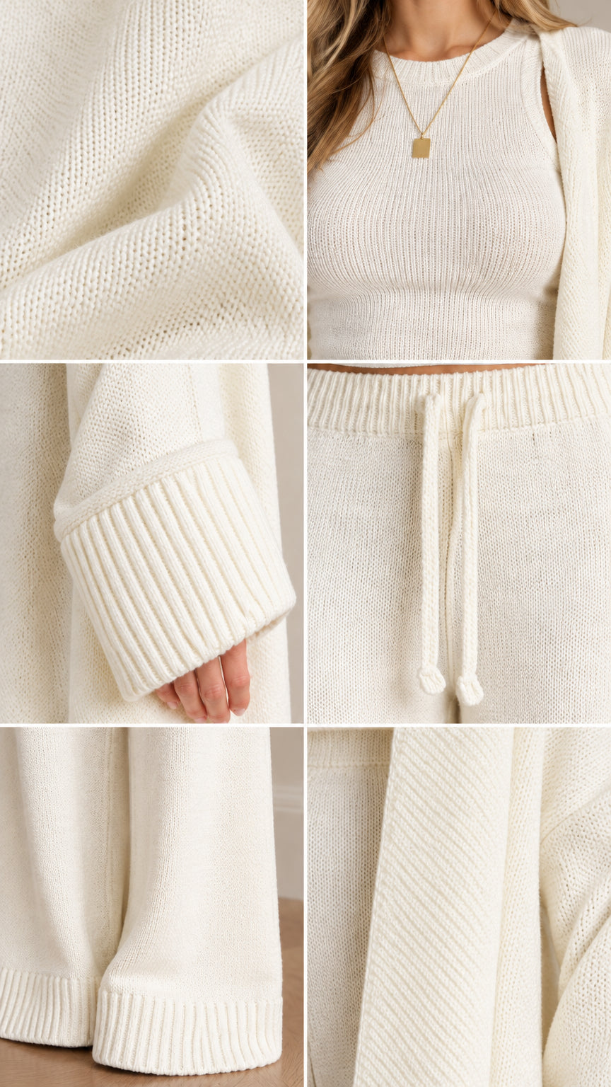 Detailed close-up collage showing knit texture, ribbed top neckline, folded cuffs, and waistband drawstring