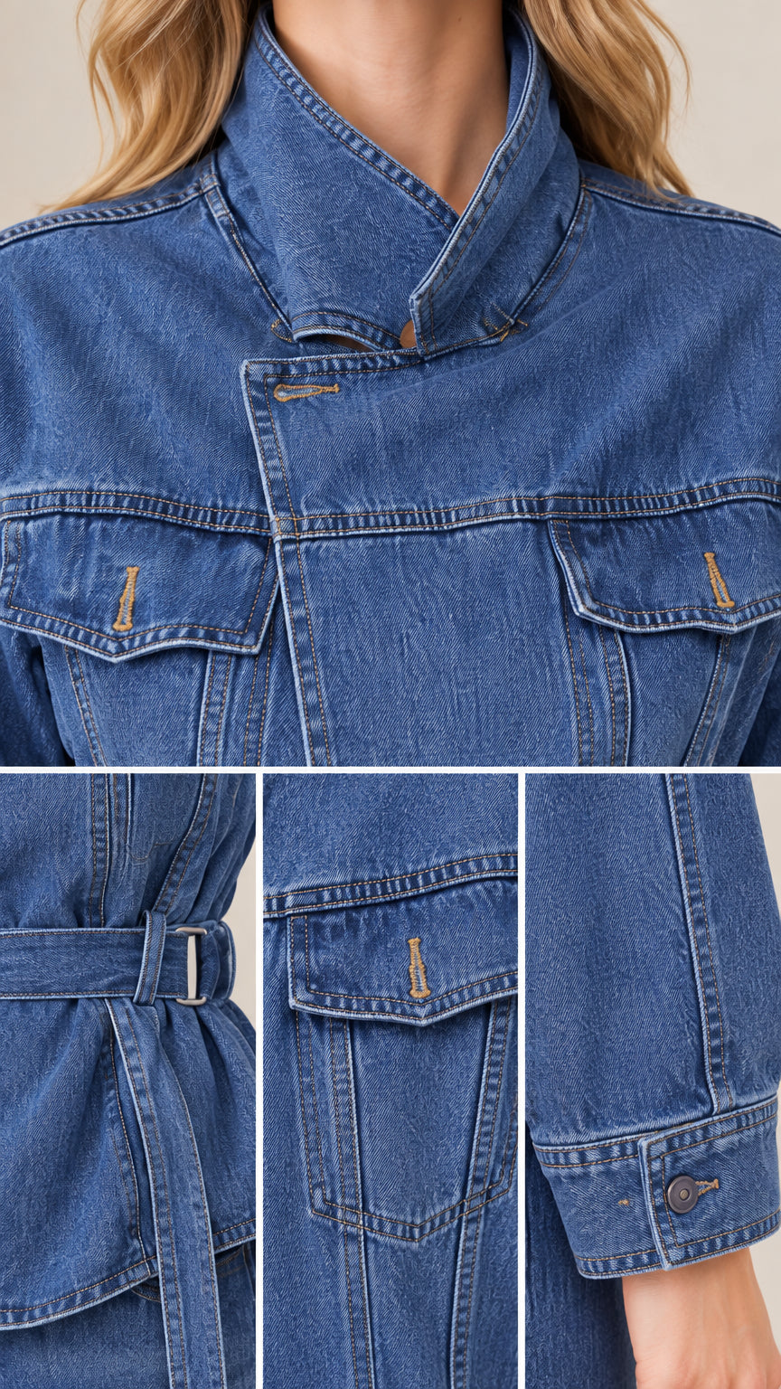 Close-up details of crossover collar, utility flap pocket, belted waist, and cuff seams