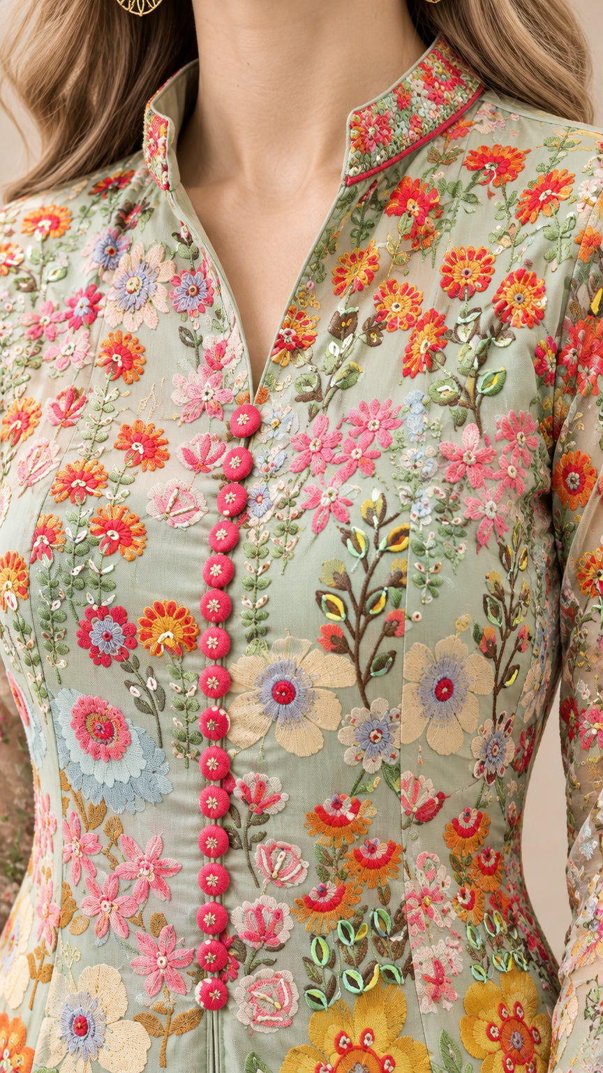 Close-up detail of mandarin neckline, covered buttons, and floral embroidery pattern on sage green dress