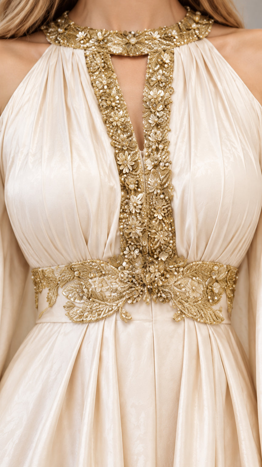 Close-up detail of ornate gold floral embroidery on champagne halter neckline and waist