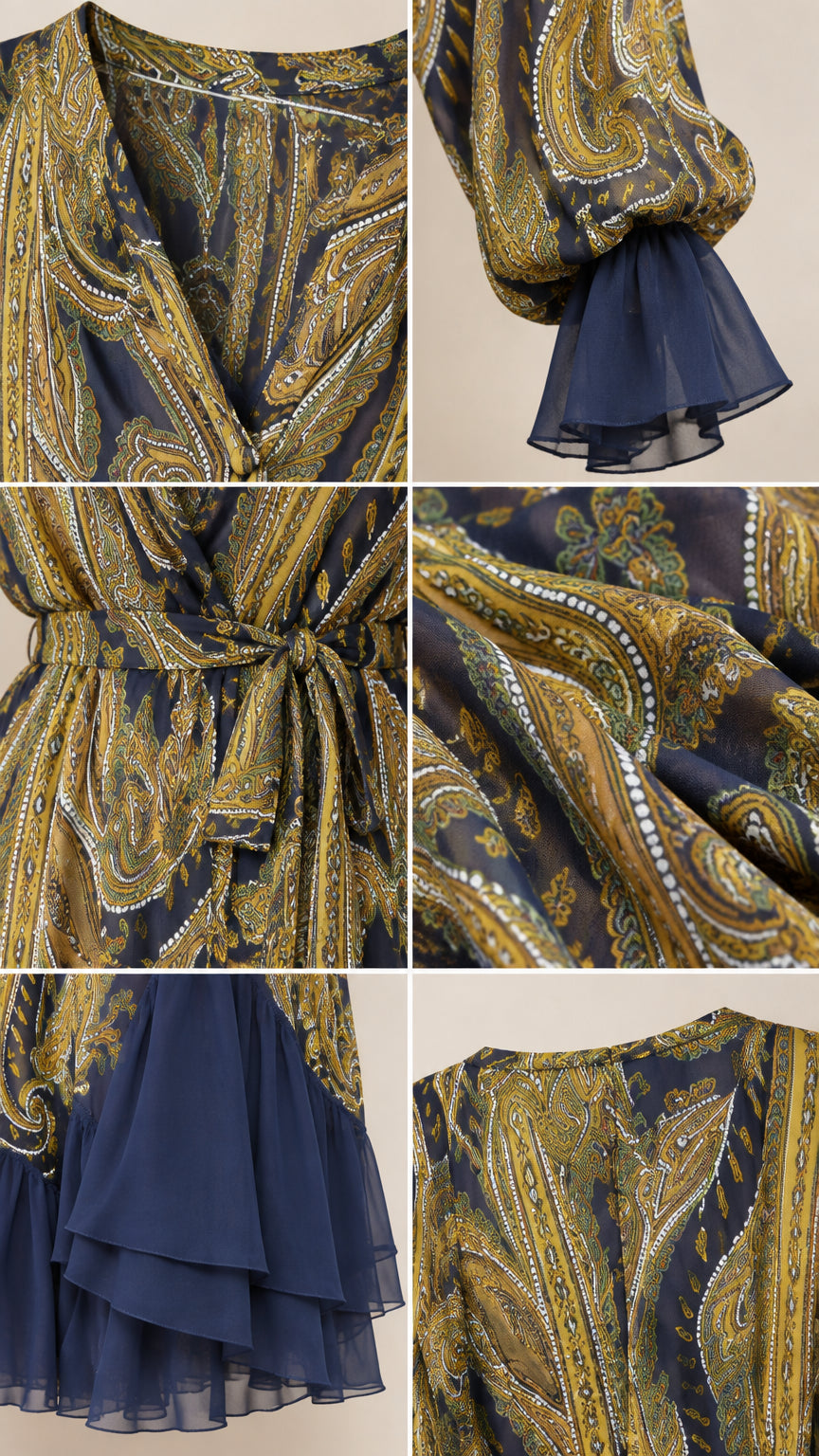 Close-up details of paisley pattern, tie belt, cuff ruffles, and tiered hem