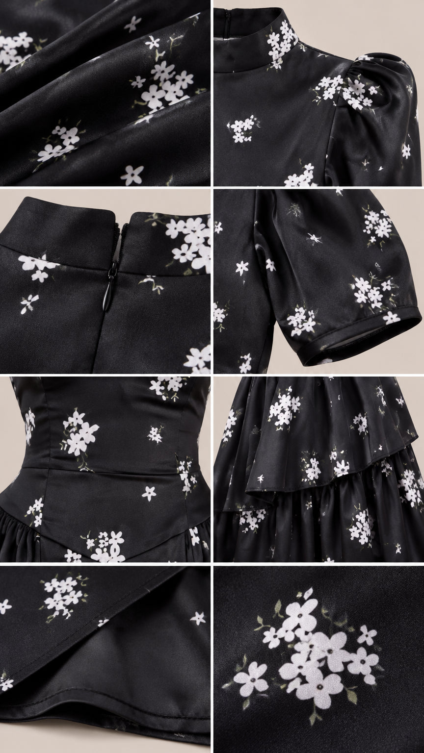 Close-up details of collar, hidden zipper, puff sleeve, fabric, and floral print