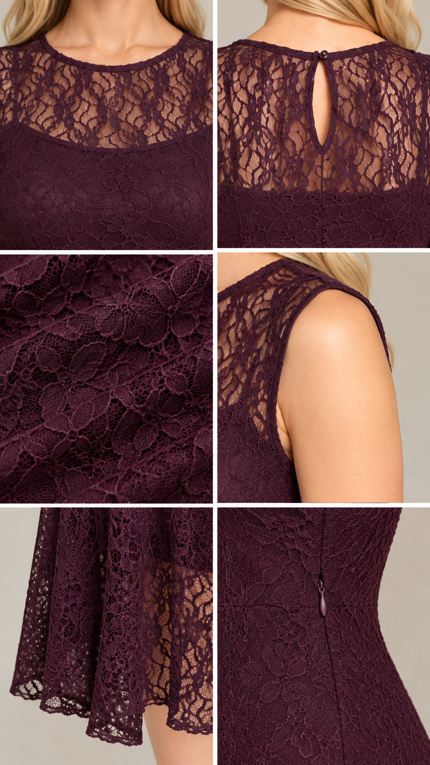 Close-up details of plum lace fabric, illusion neckline, keyhole, and side zip