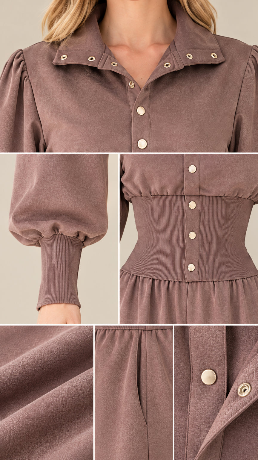 Close-up details of collar buttons, ribbed cuffs, ribbed waist, and side pocket