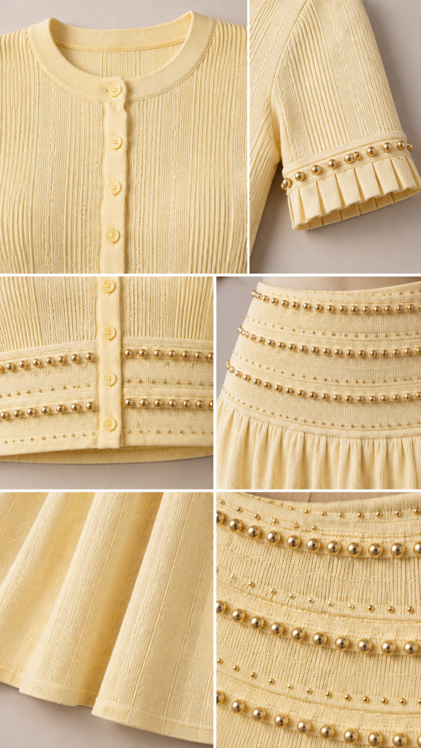 Close-up details of ribbed fabric, front buttons, and gold beaded trim on sleeves and waist