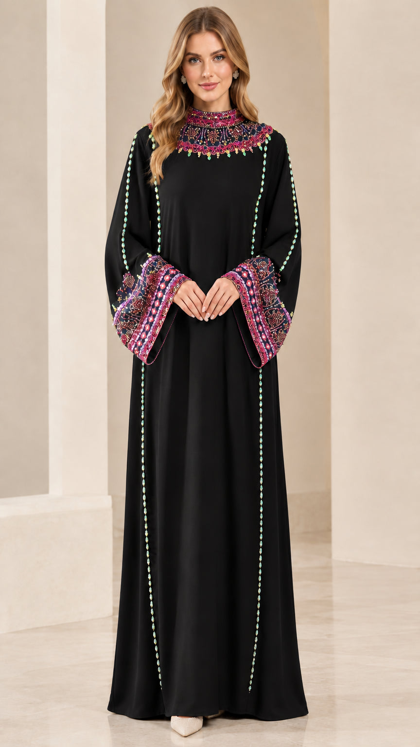 Front view of model wearing Black embellished kaftan maxi dress