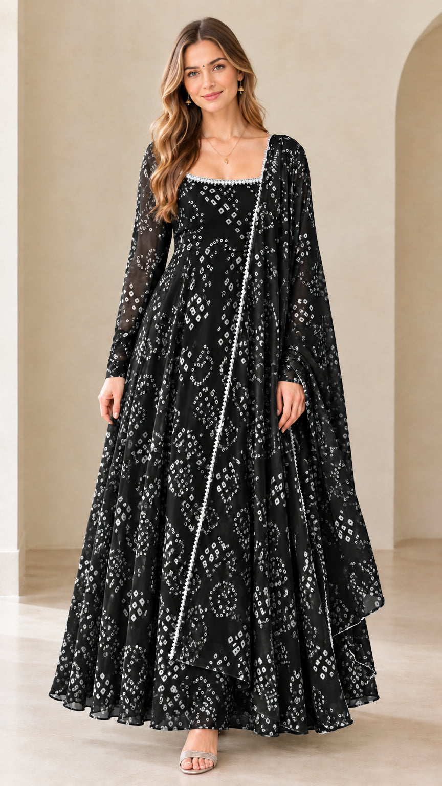 Front view of black printed flared long sleeve maxi gown