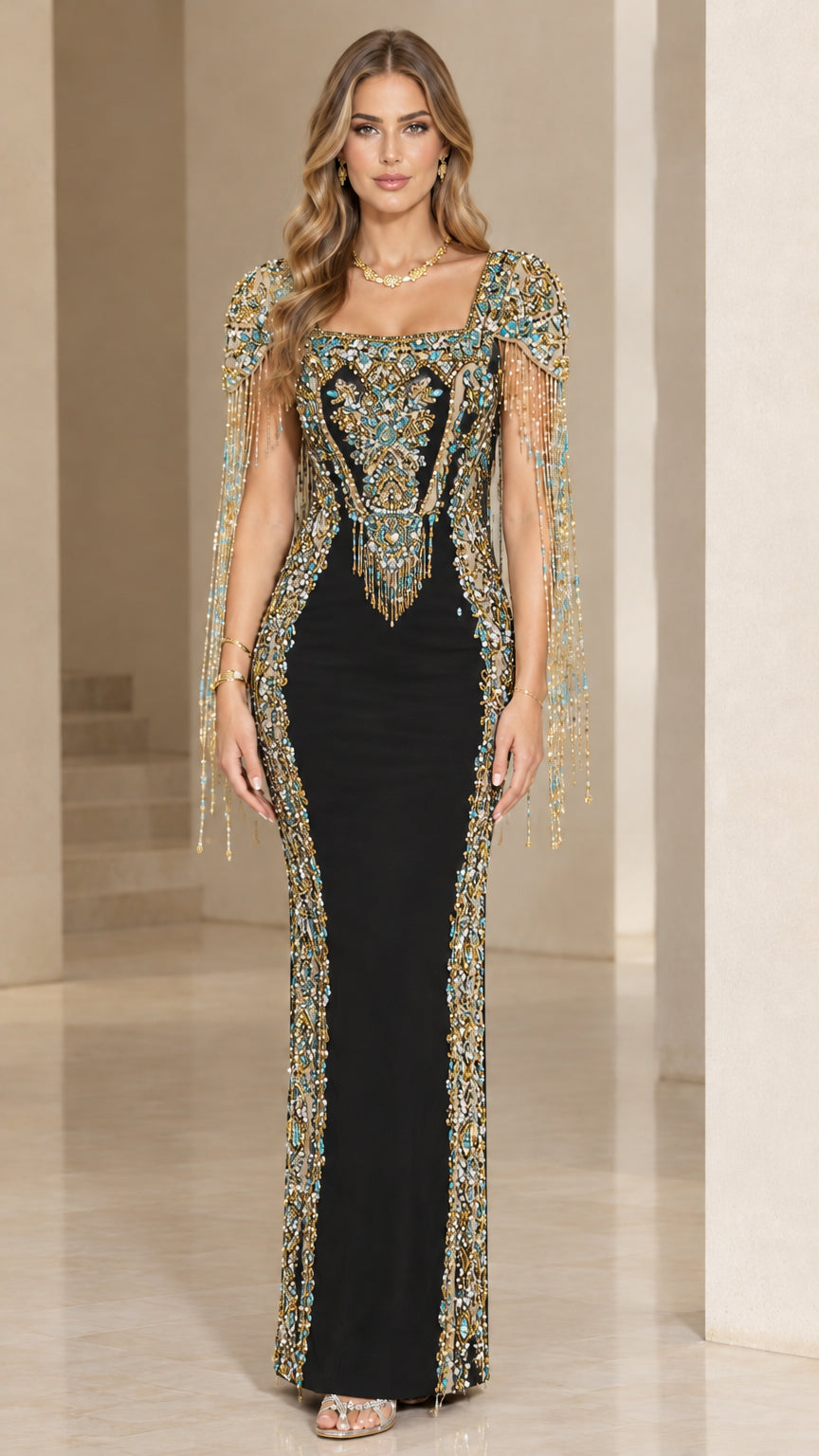 Black embellished formal column gown with gold and crystal beading