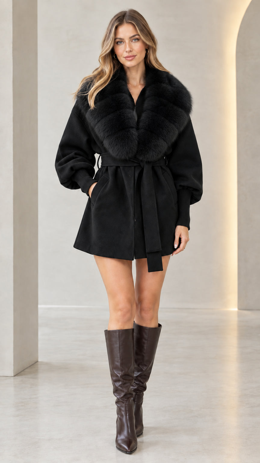 Front view of model wearing black belted faux fur collar short coat