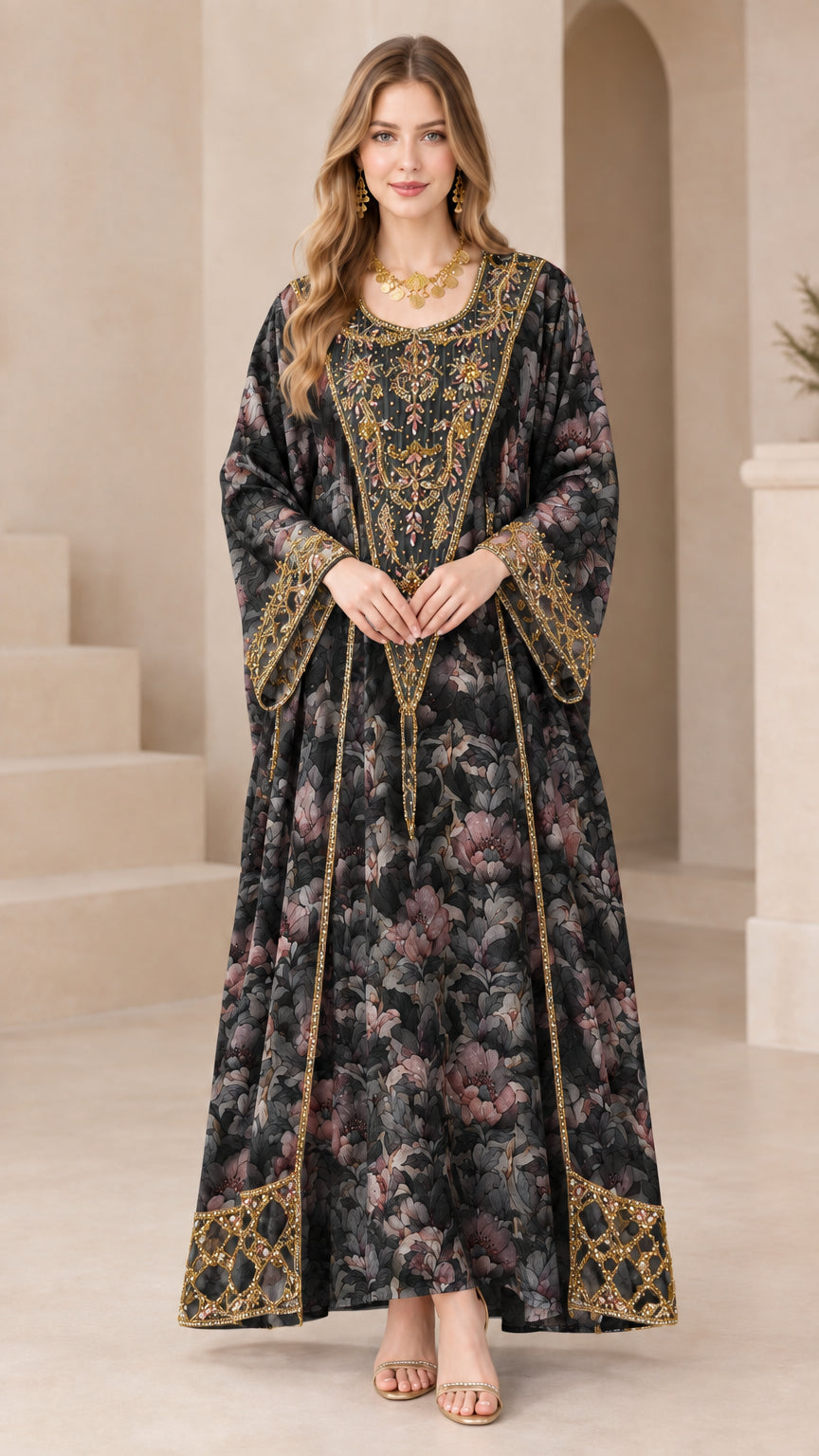 Black floral embroidered kaftan maxi dress
