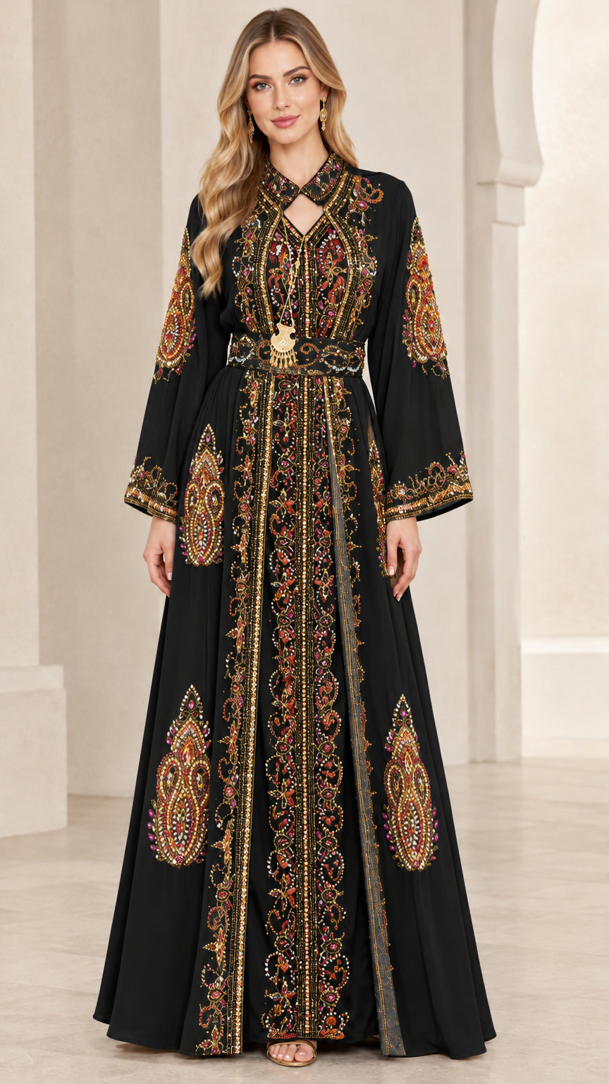 Front view of black embroidered Moroccan kaftan maxi dress with belt