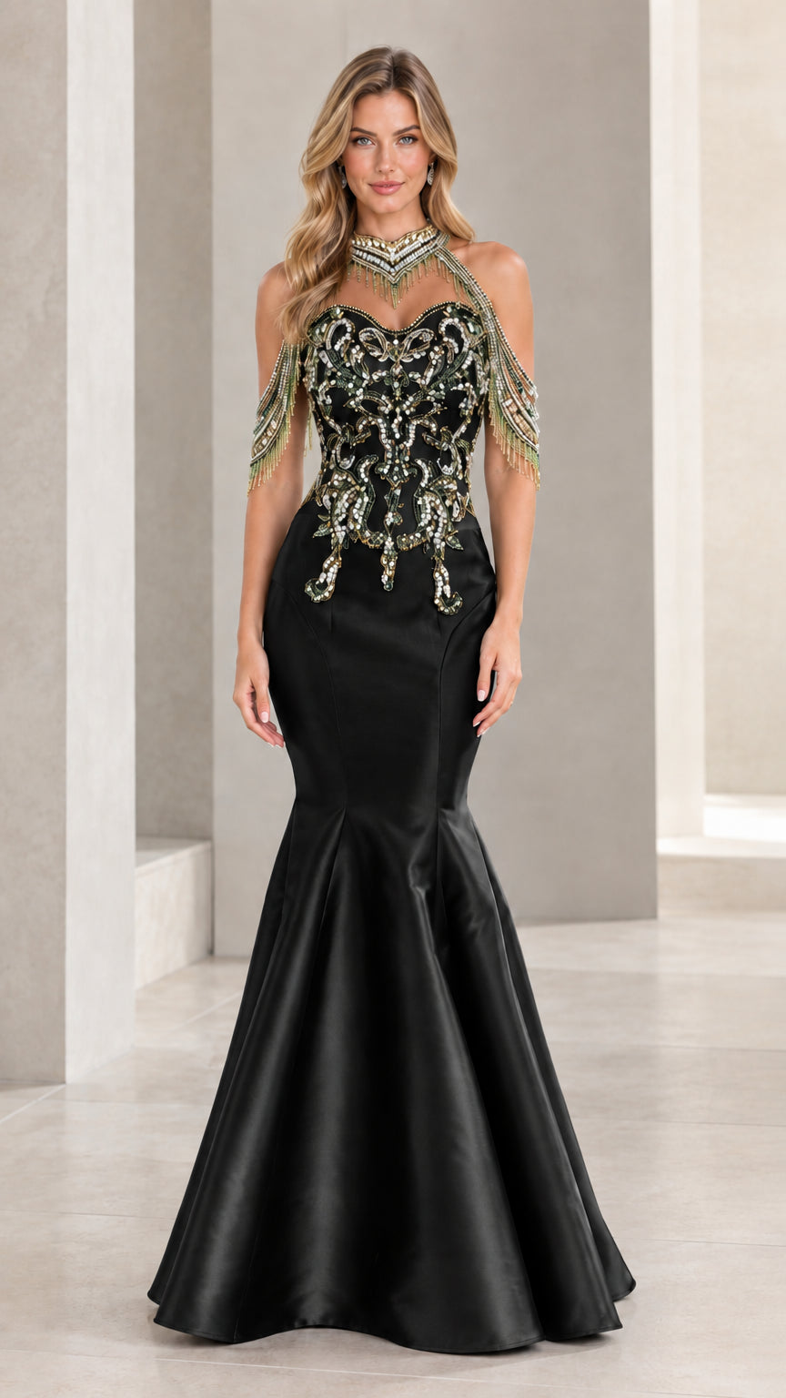 Black halter mermaid evening gown with gold beaded embellishments