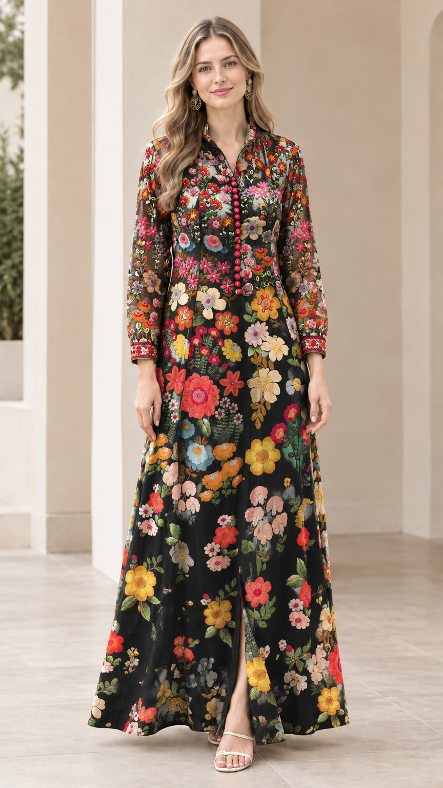 Front full-length view of model wearing black floral print maxi dress