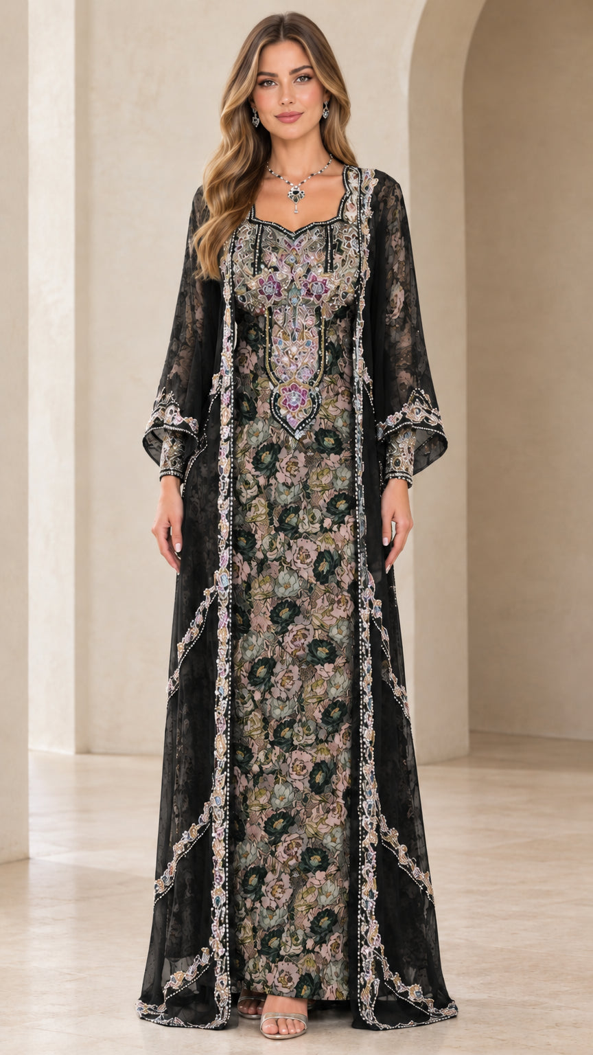 Black floral embroidered layered kaftan maxi dress