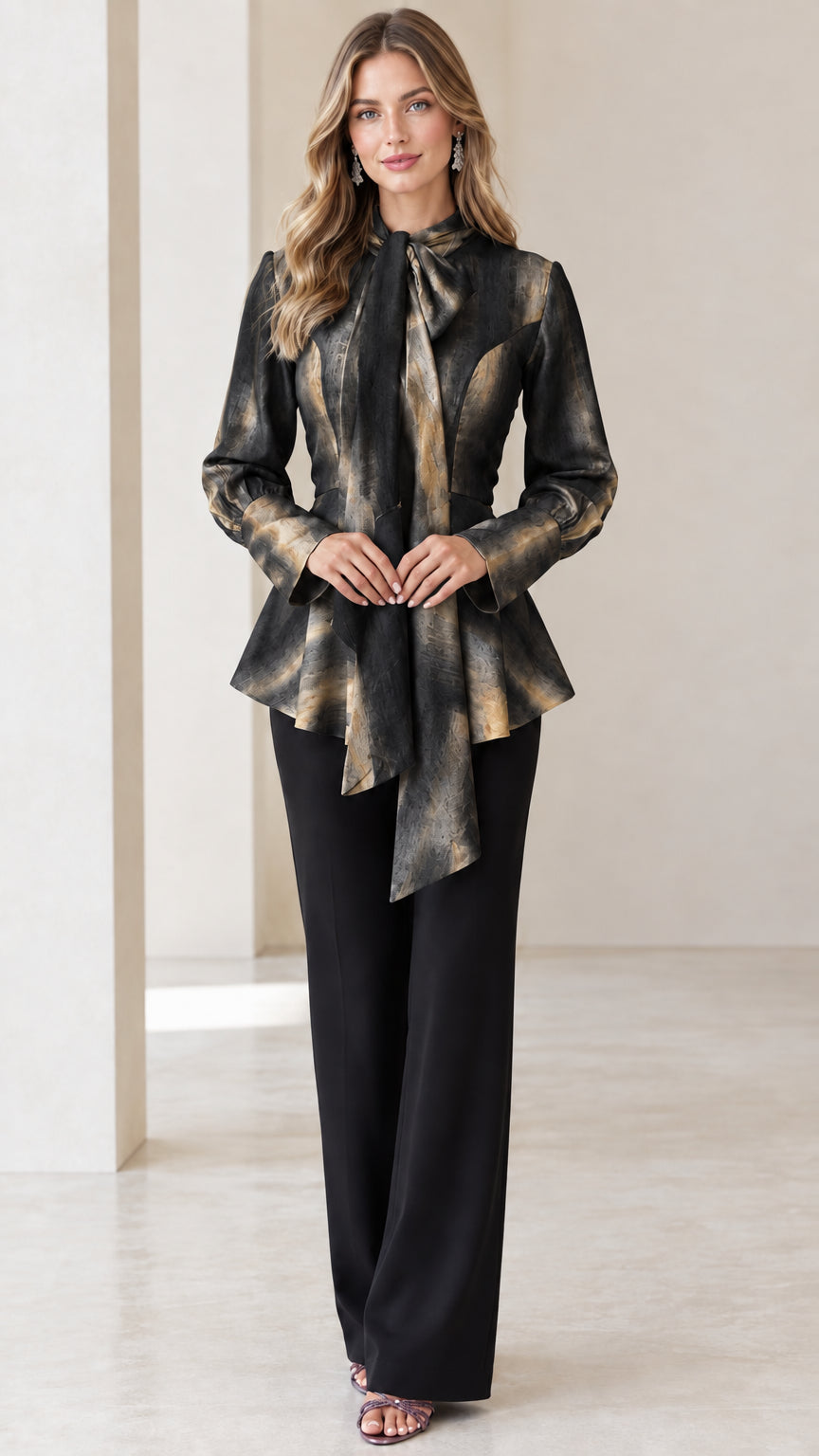 Model wearing Charcoal Gold watercolor long sleeve tie-neck peplum top with black trousers