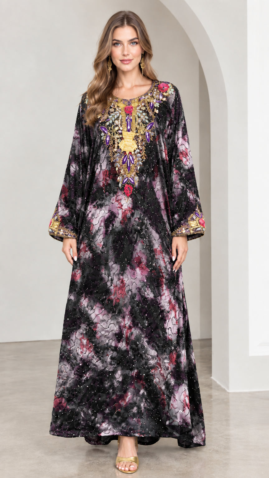 Black tie-dye embellished long sleeve kaftan maxi dress