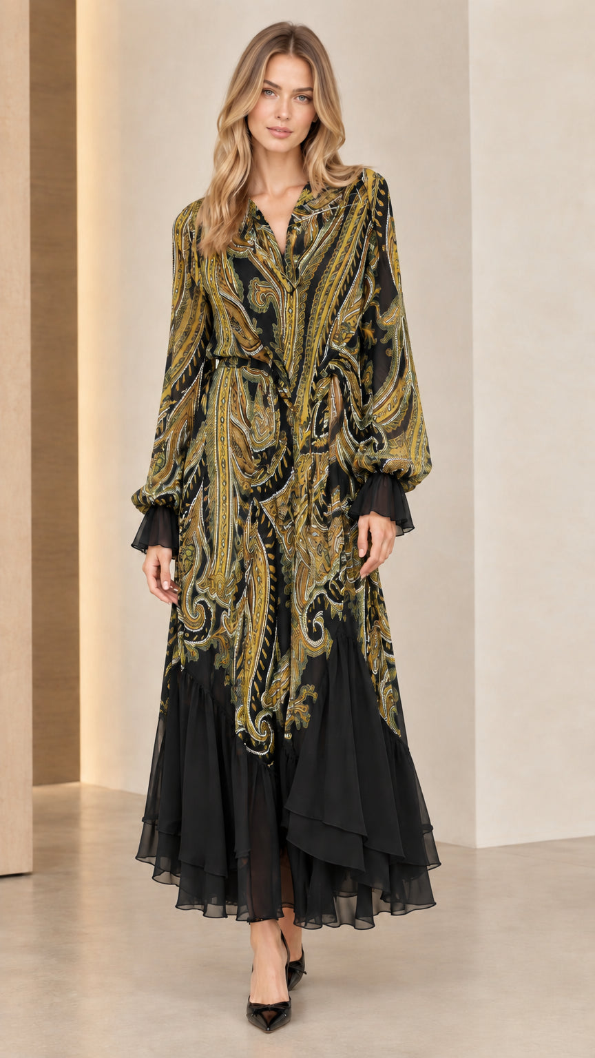 Model wearing Black paisley print long sleeve tiered chiffon maxi dress