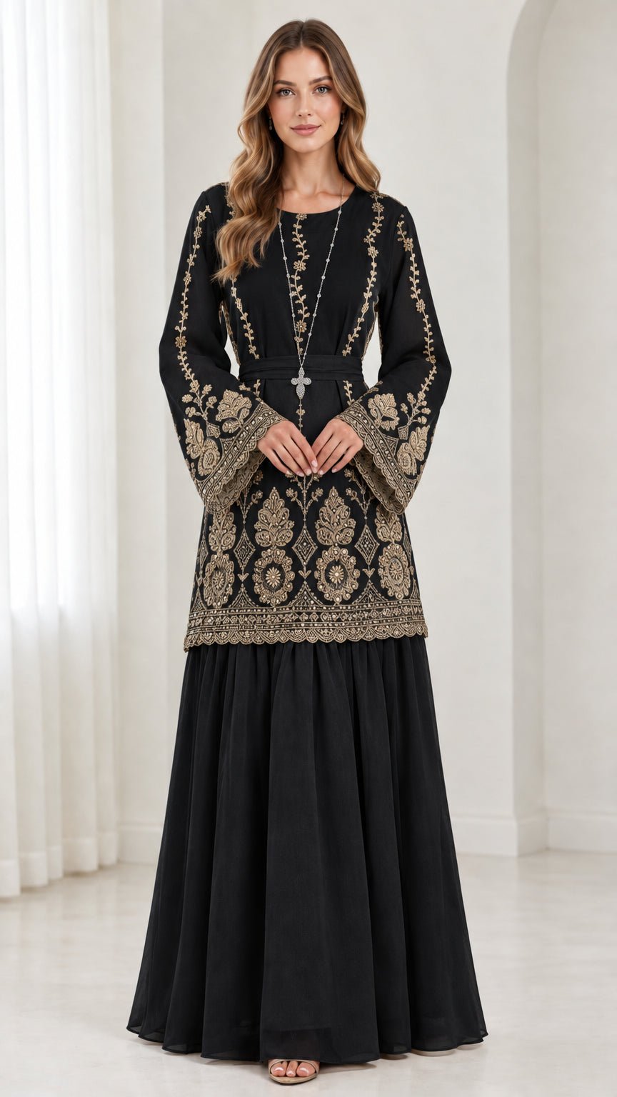 Black long-sleeve embroidered tunic and matching maxi skirt modest two-piece set