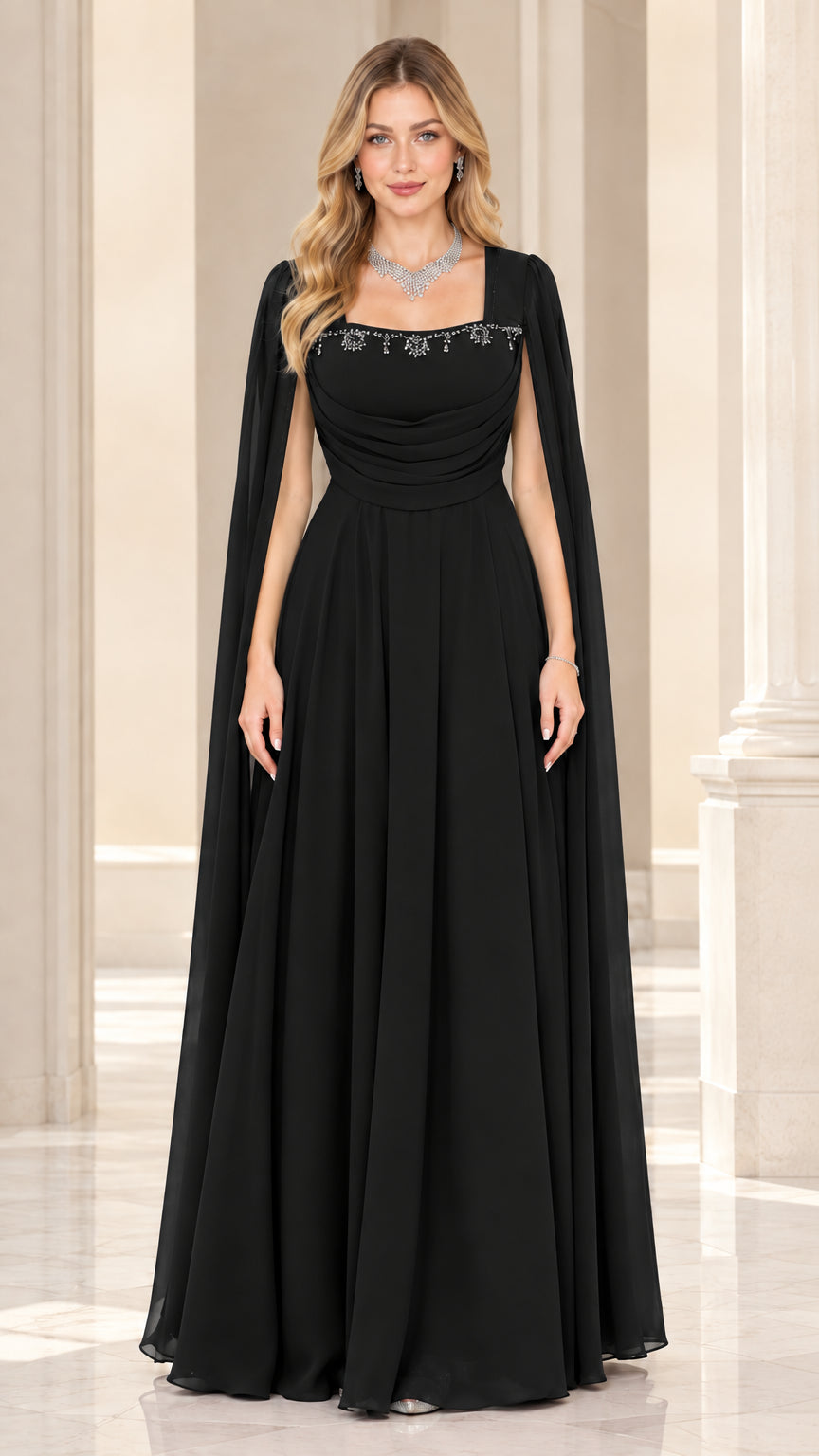 Front view of black cape sleeve beaded chiffon evening maxi dress