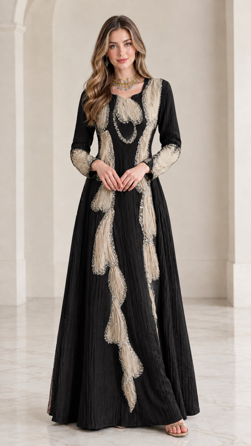 Full front view of black crinkle maxi dress with cream beaded applique