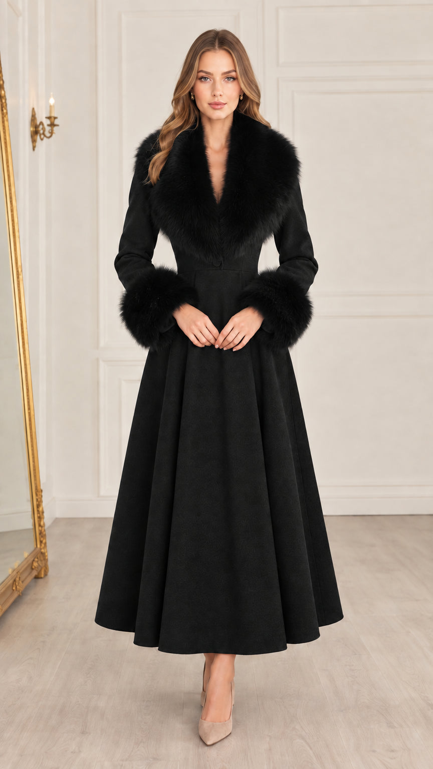 Front view of black maxi swing coat with matching black faux fur collar and cuffs