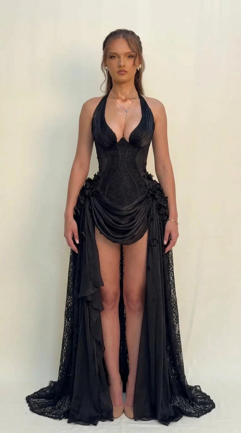 Model wearing Black halter corset high-slit evening dress with lace train