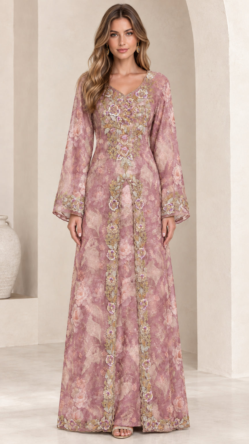 Front view of dusty pink floral embroidered bell sleeve maxi dress