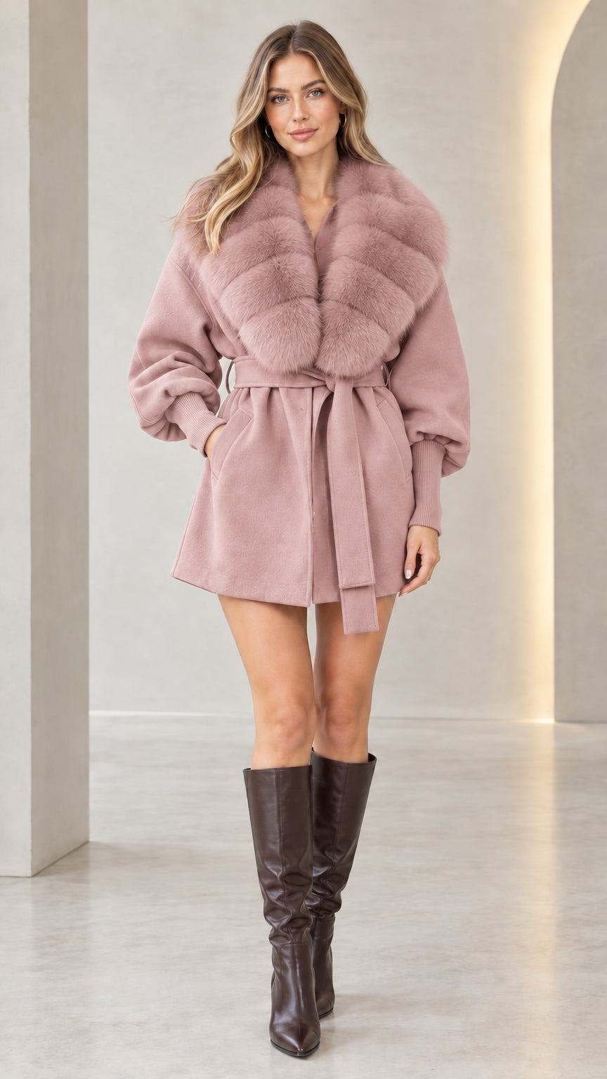 Front view of model wearing dusty pink belted faux fur collar short coat