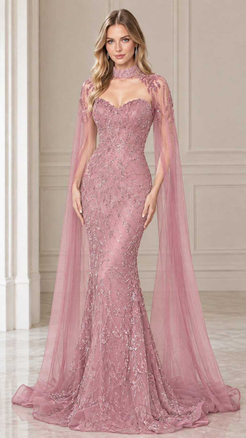 Dusty rose beaded mermaid formal dress with elegant cape sleeves