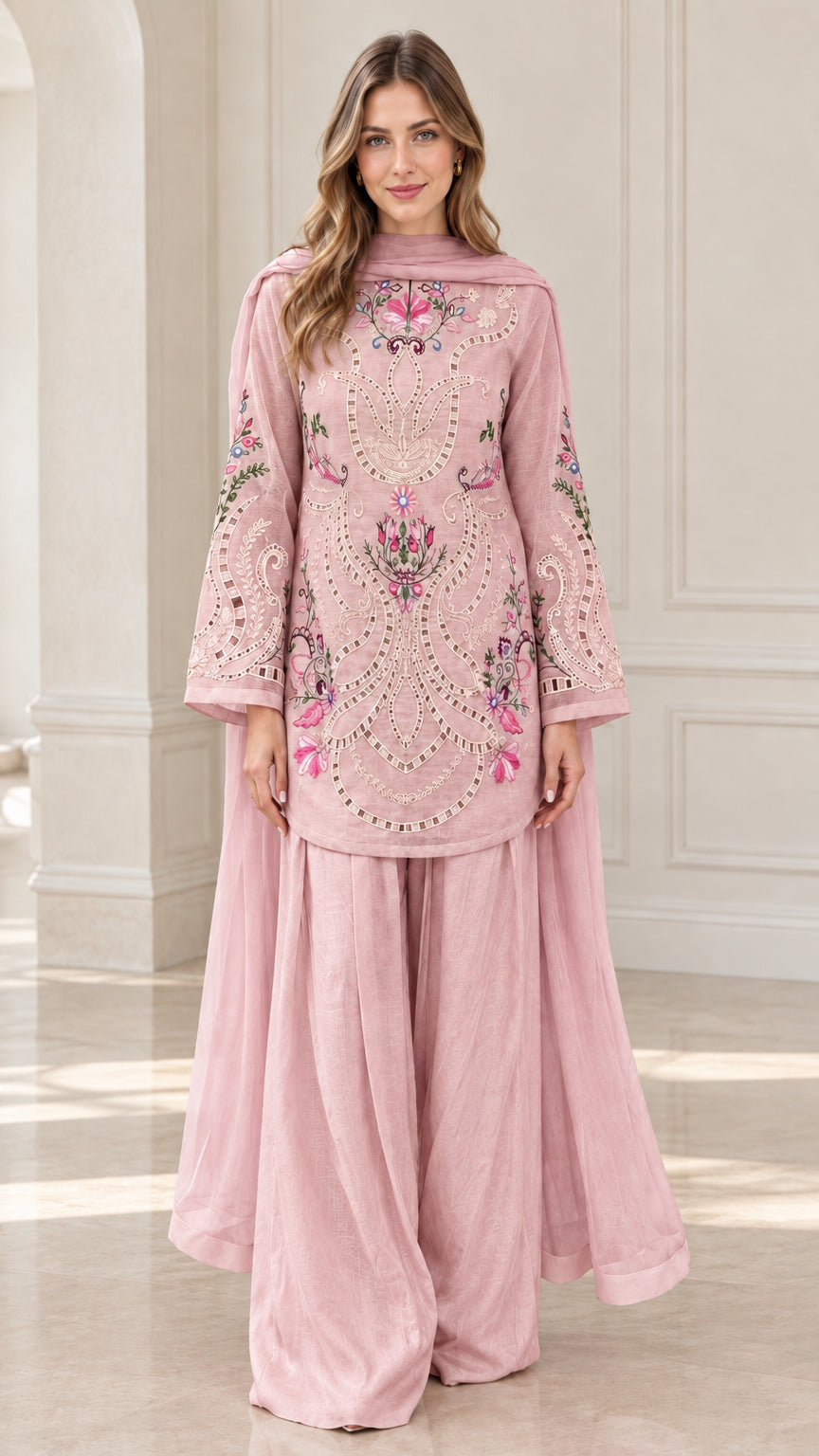 Woman wearing Dusty Pink floral embroidered kurti palazzo set