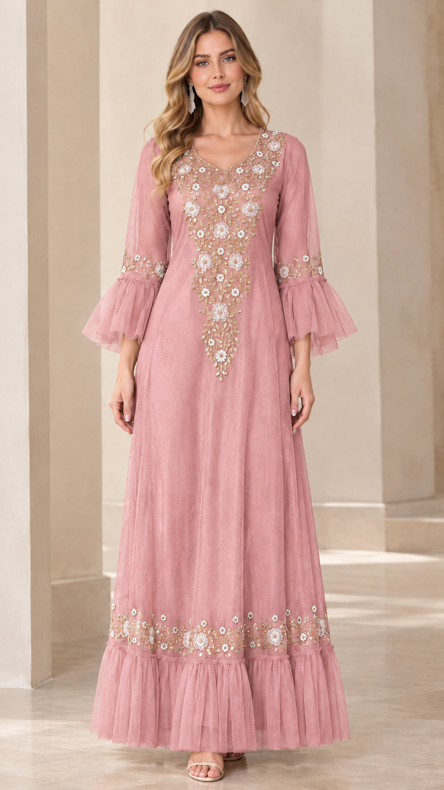 Dusty pink embroidered A-line maxi dress for weddings and formal events