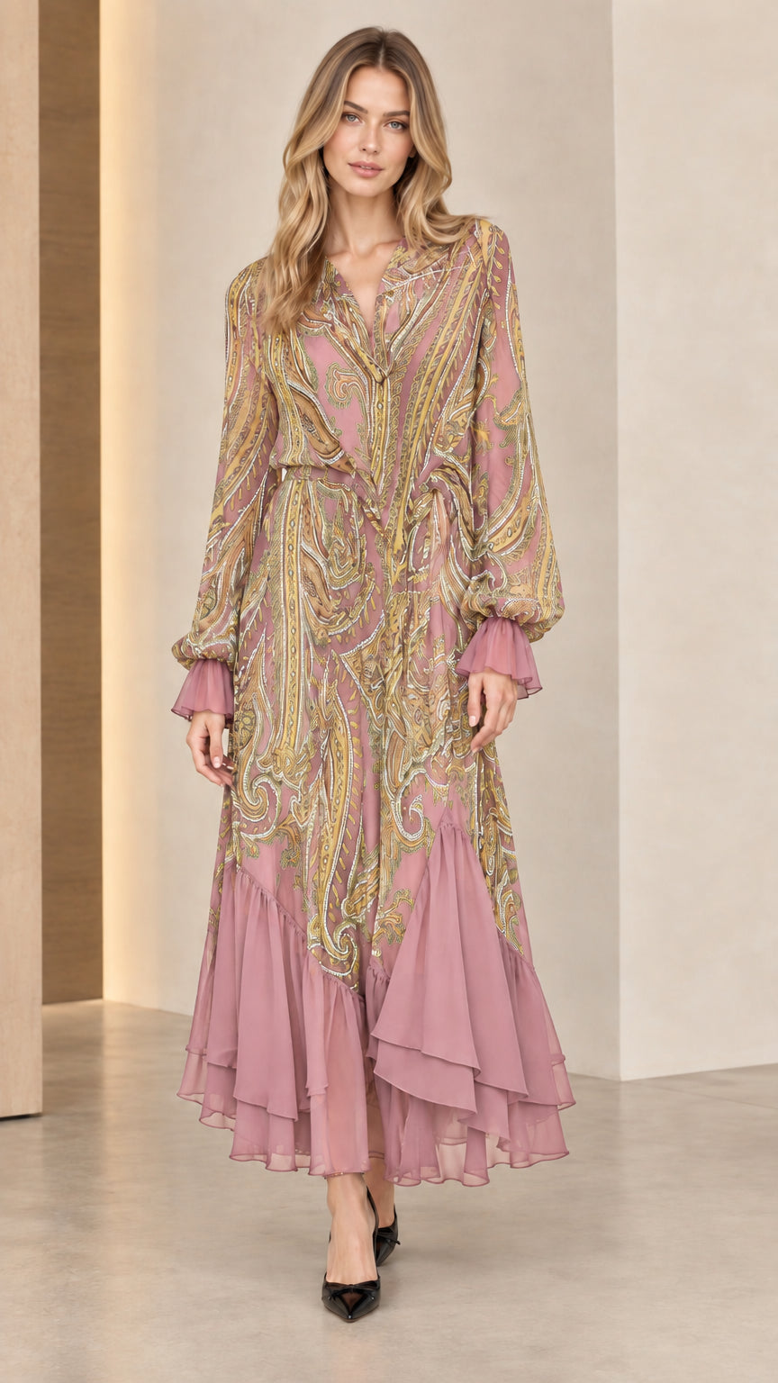 Model wearing Dusty Pink paisley print tiered maxi dress with belt