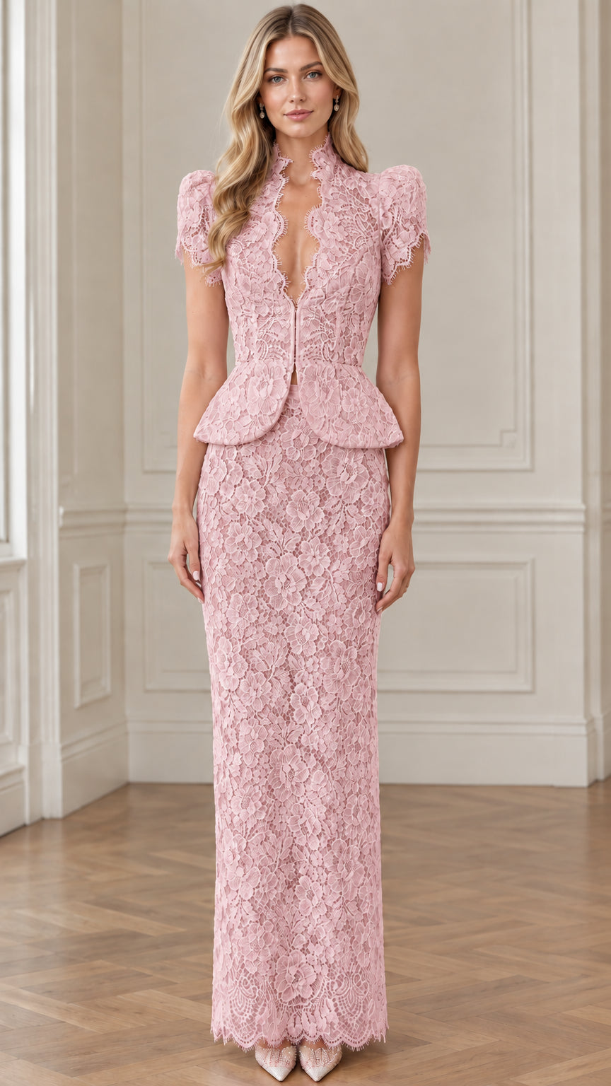 Front view of soft pink floral lace peplum maxi dress
