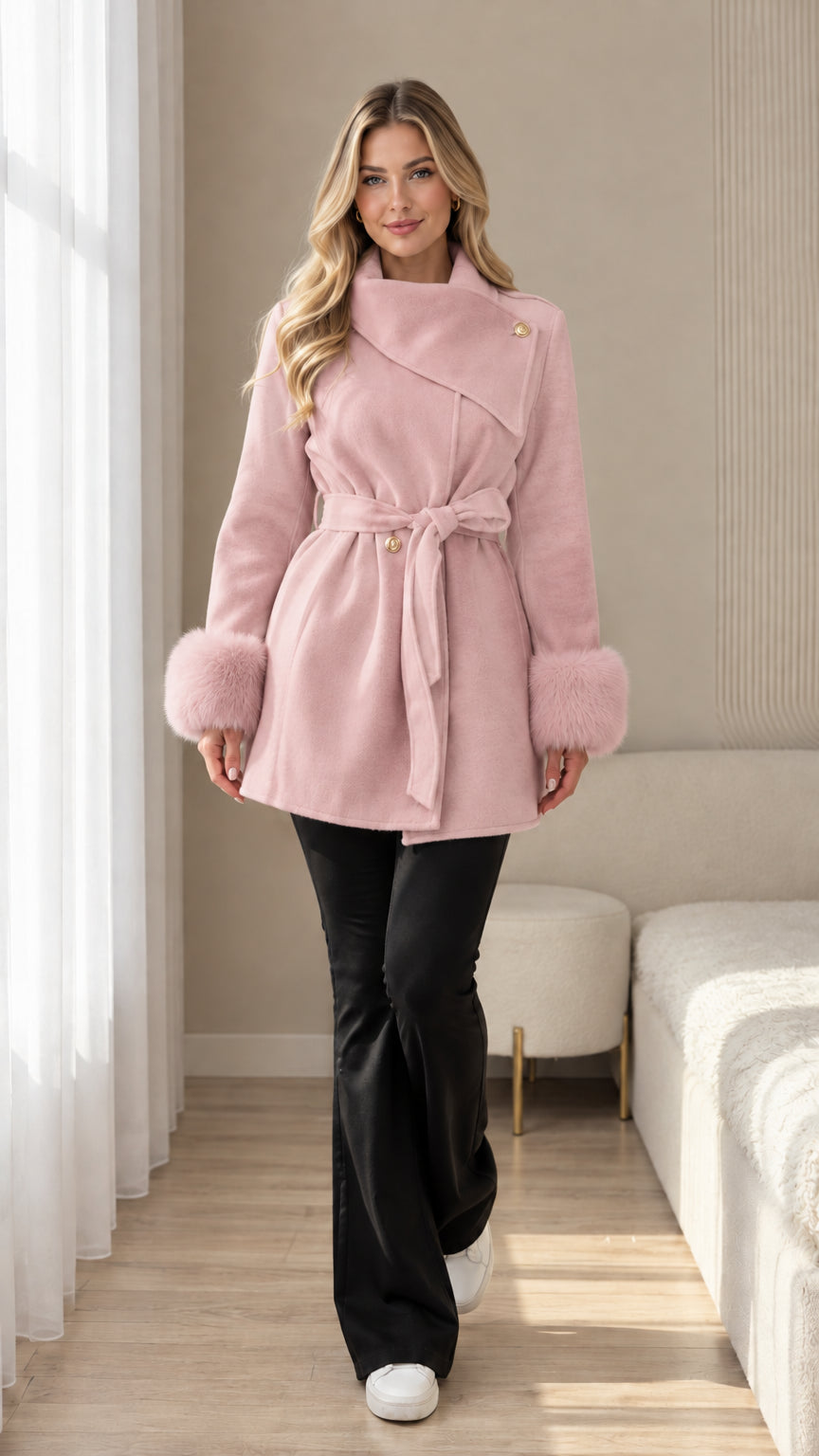 Front view of dusty pink belted coat with faux fur cuffs