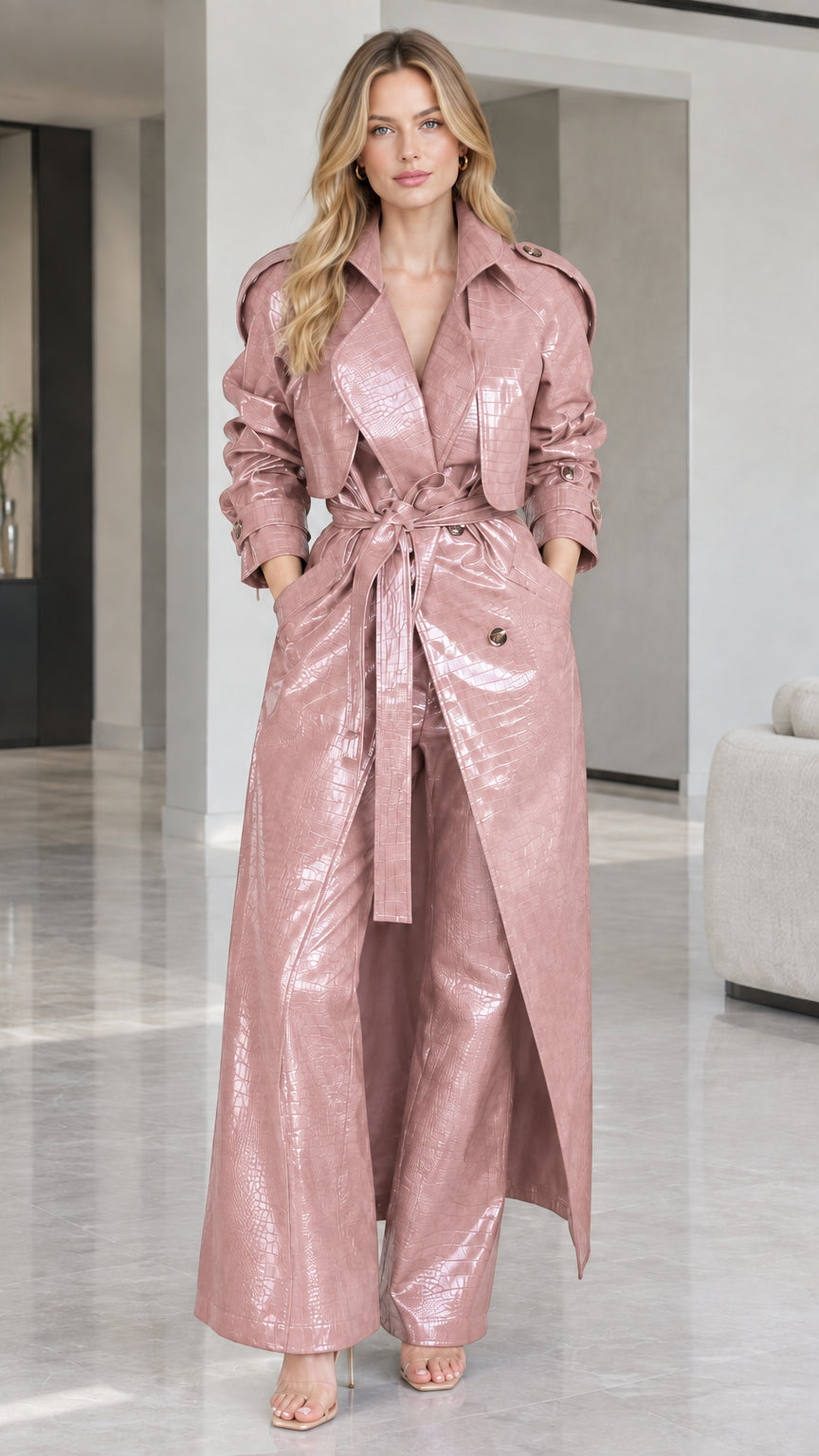 Woman wearing Dusty Pink croc-embossed faux leather maxi trench coat