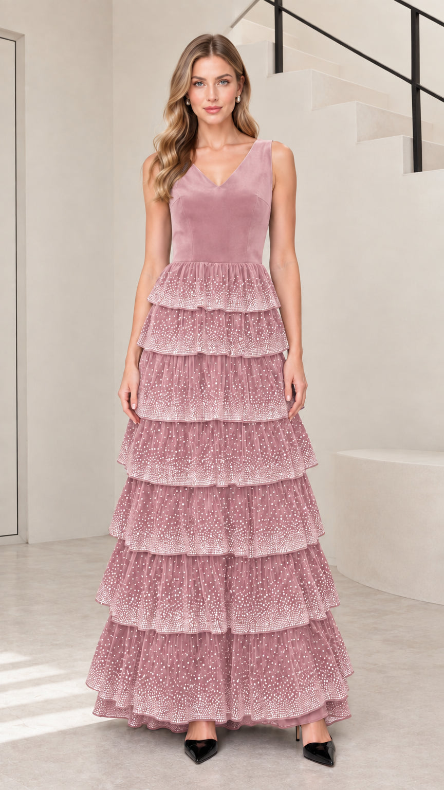 Dusty pink velvet V-neck tiered rhinestone maxi evening dress