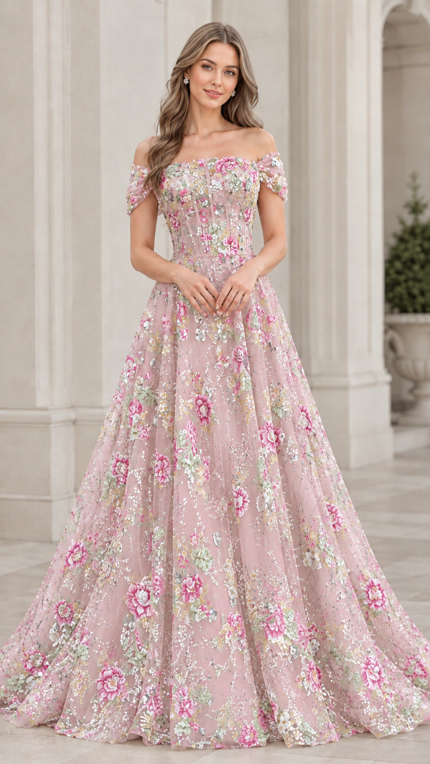 Model wearing Blush Pink floral sequin off-the-shoulder formal gown