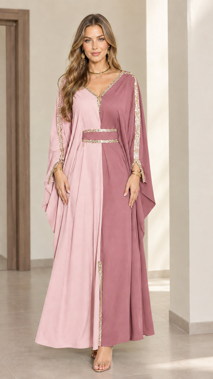 Two-tone dusty rose and blush pink kaftan maxi dress with gold trim